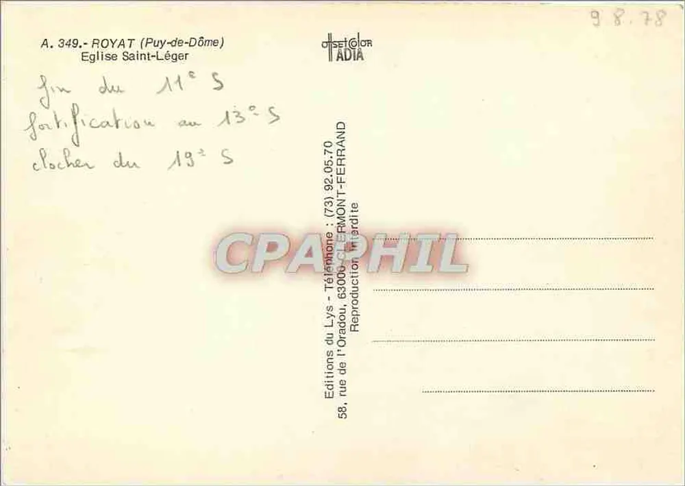 Royat (Puy-de-Dôme) — Kerk van Sint Léger — Edities van het Lys - Achterkant