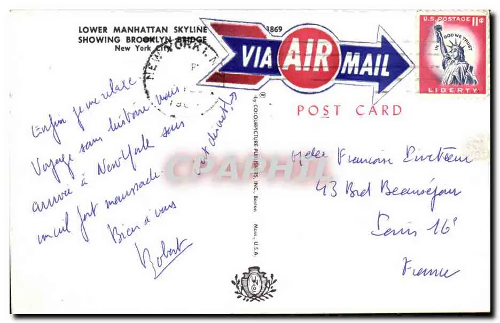 Lower Manhattan Skyline — Brooklyn Bridge — Via Air Mail Post Card — Color Picture Full Color Inc. Boston - Verso