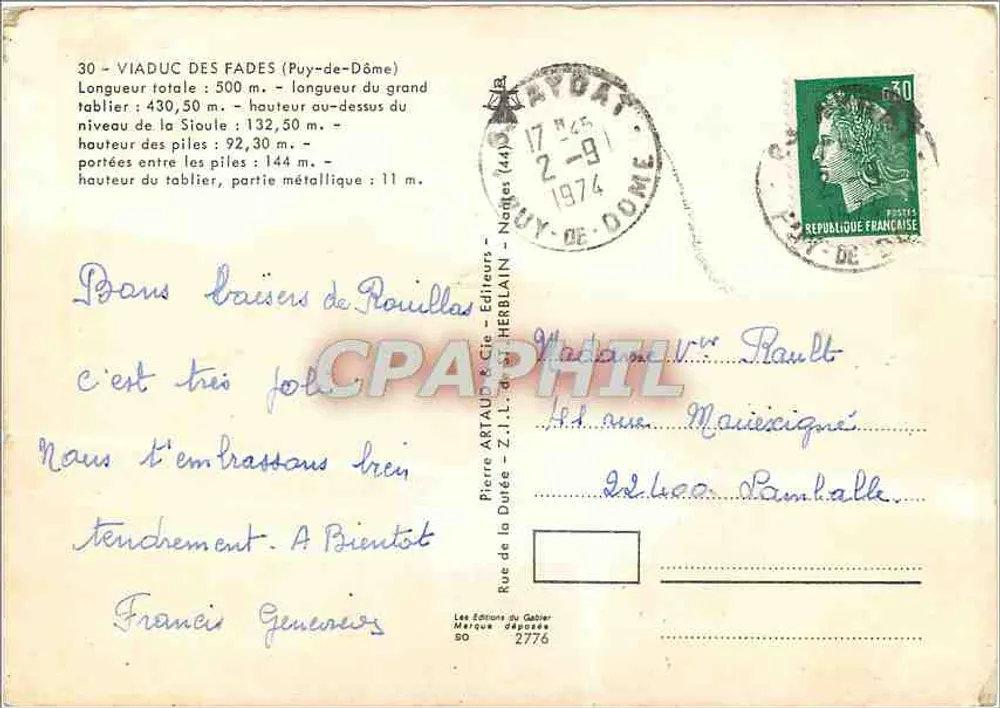Viaduto dos Fades (Puy-de-Dôme) — vista panorâmica — editor Pierre Artaud & Cie - Verso