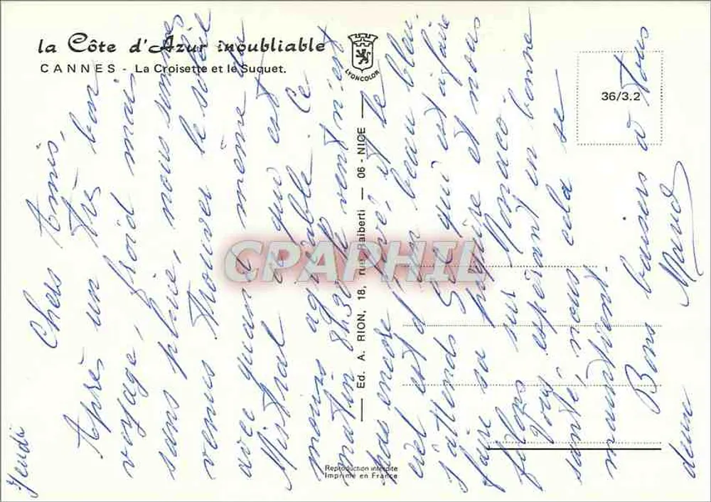 Cannes - A Croisette e o Suquet — Éd. A. Rion, 18, rue de l'Alberti — NICE - Verso