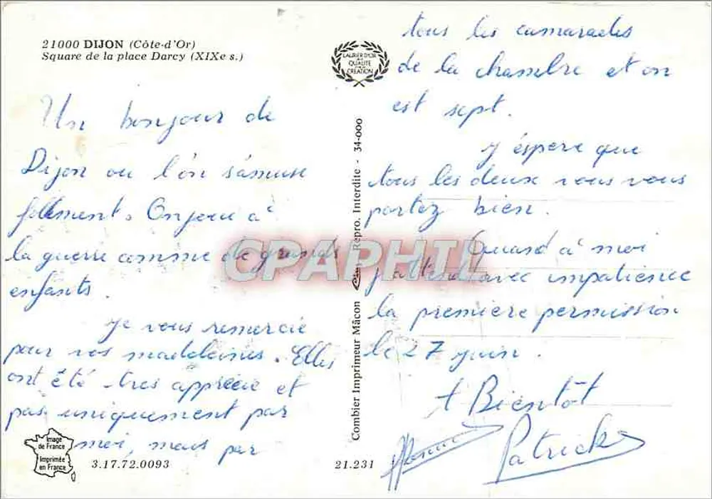 Praça Darcy — Dijon (Côte-d'Or) — Impressor Combier - Verso