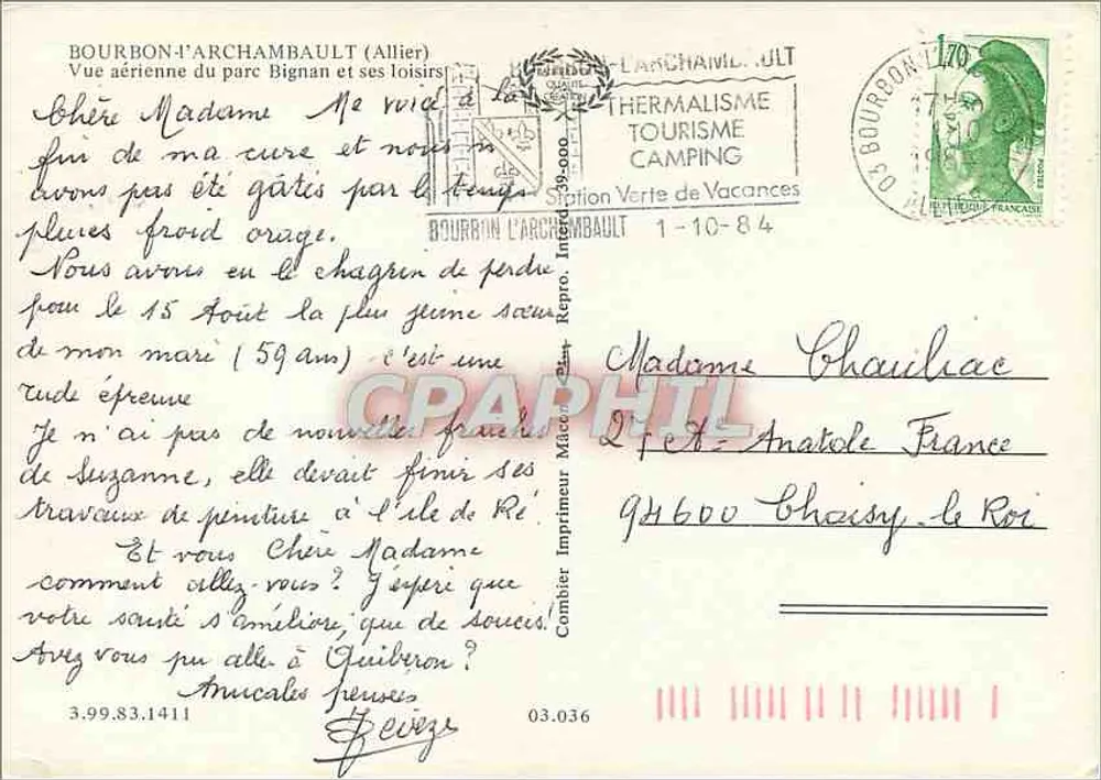 Bourbon-l'Archambault — Luftbild des Parks Bignan und seiner Freizeitangebote — Drucker Mâcon - Rückseite
