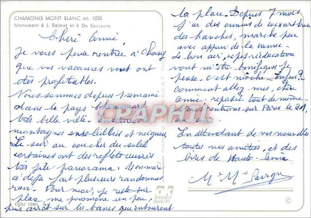 Chamonix Mont Blanc — Monumento a J. Balmat e De Saussure — editor CPAPHIL - Verso