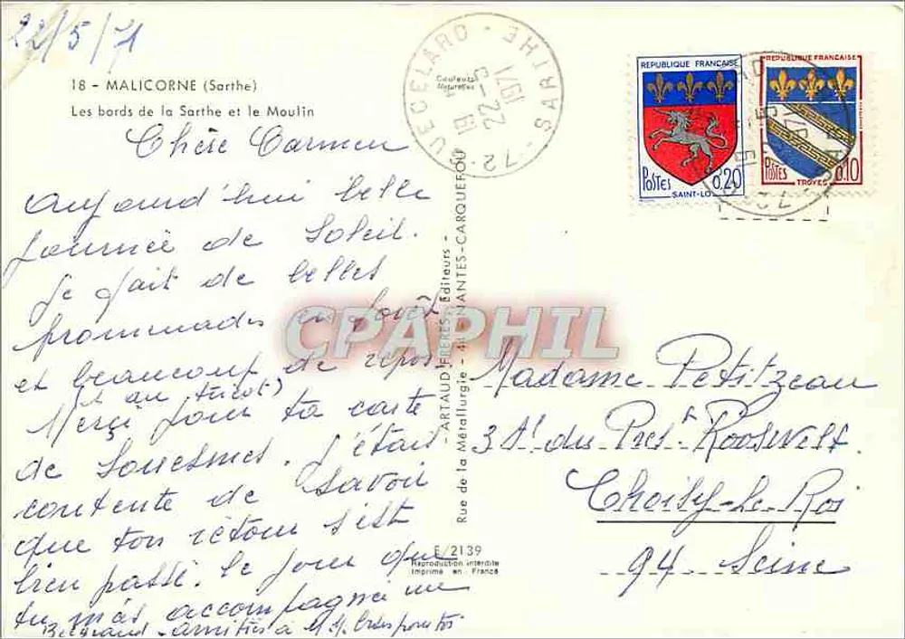 Die Ufer der Sarthe und das Mühle — Malicorne (Sarthe) — Verlag Artaud-Fibres - Rückseite