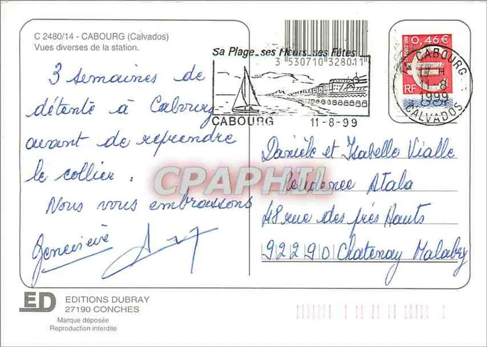 Cabourg — Vista de la playa y del centro — Ediciones Dubray, n° 2480/14 - Reverso
