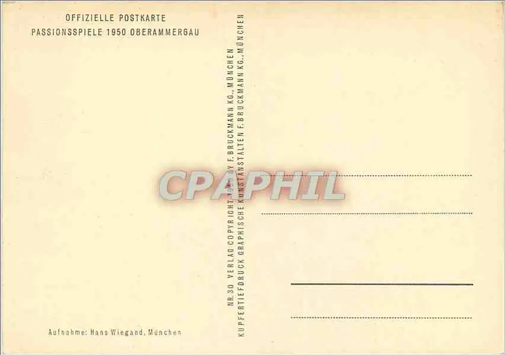 Passionsspiele 1950 Oberammergau — An's Kreuz mit ihm! — Verleger F. Bruckmann KG, München - Rückseite