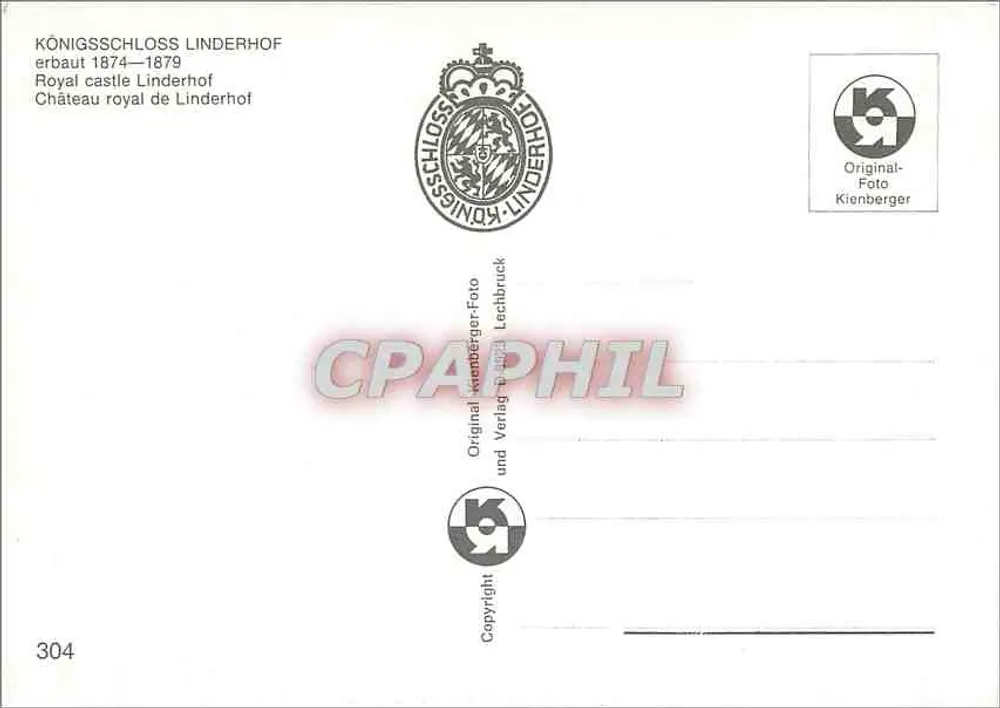 Castelo real de Linderhof — editor Kienberger, n° 304 - Verso
