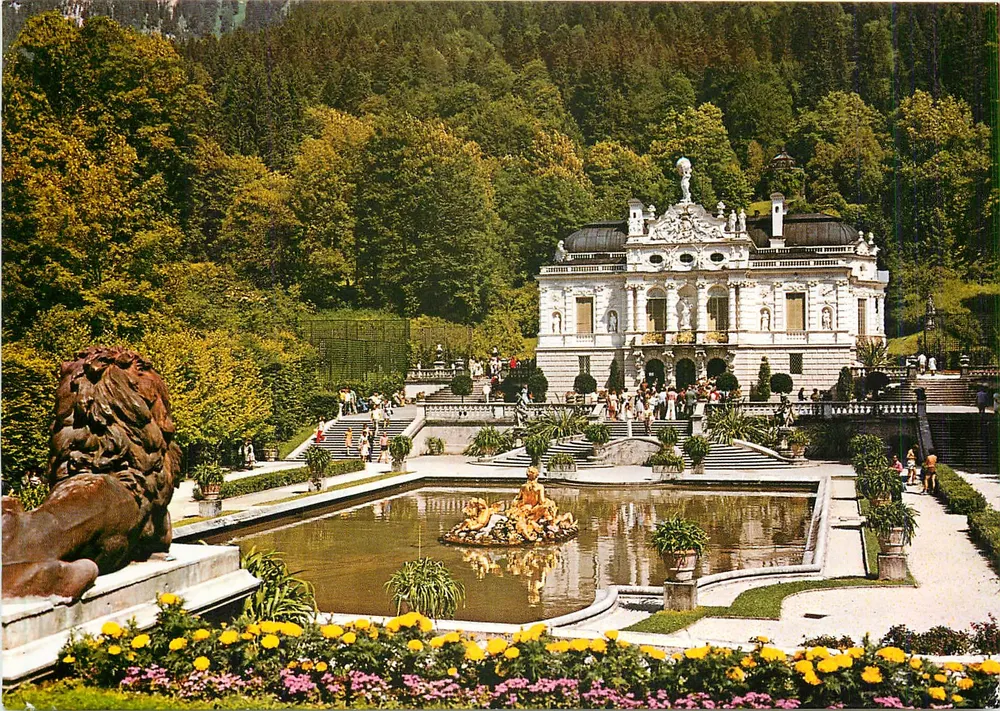 Castelo de Linderhof — Vista do parque com fonte e leão — TANNER COLOR-KARTE Nr. 6624 - Frente
