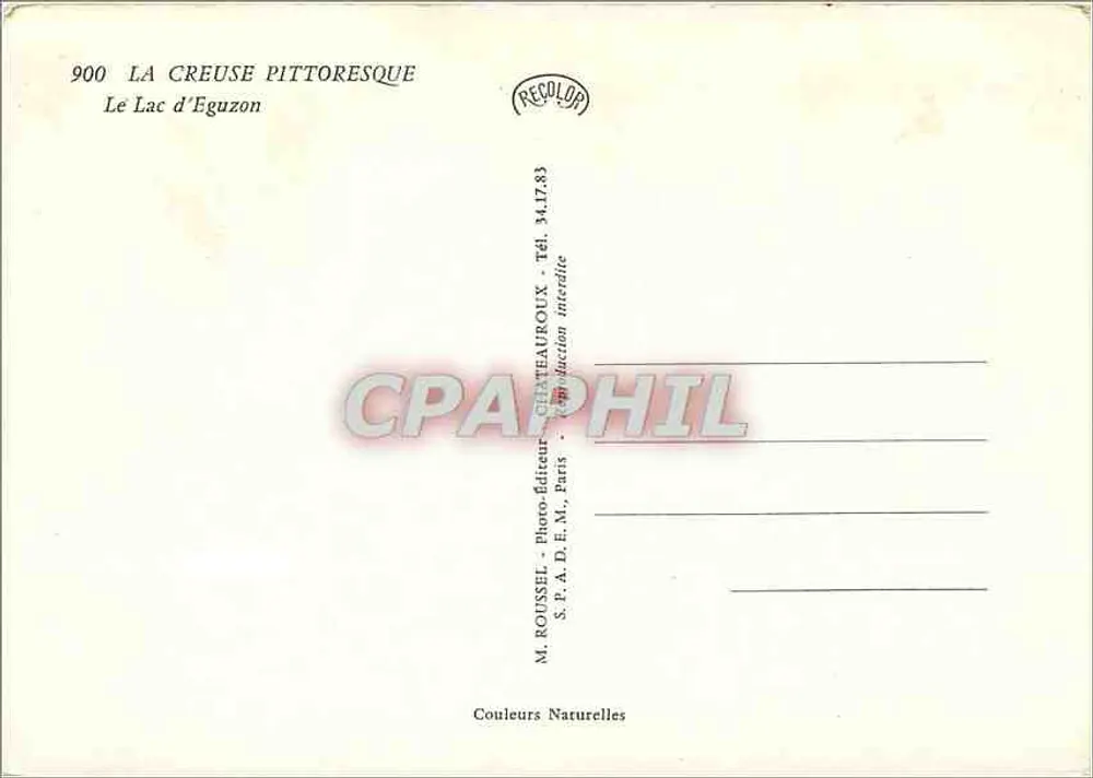 Lago de Eguzon — Serpy — Editor M. Roussel, S.P.A.D.E.M., Paris, n° 900 - Verso