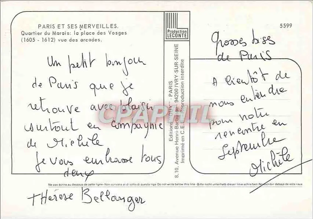 Place des Vosges — Paris — Editions Leconte, n° 5599 - Rückseite