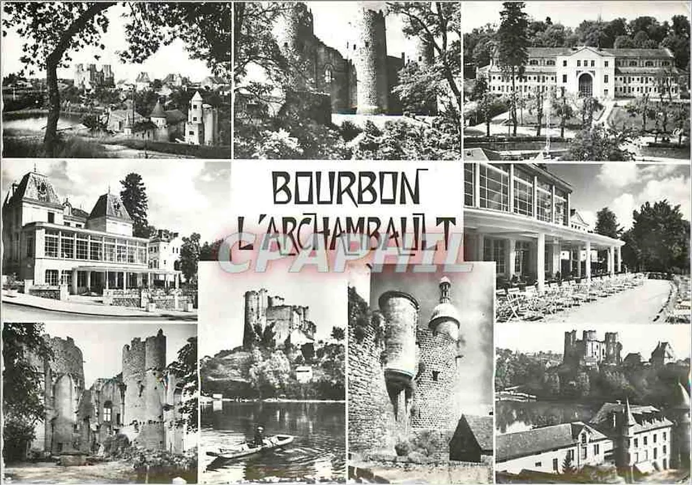Bourbon-l'Archambault — Allgemeiner Blick mit Schloss, Casino, Ruinen und Teich — unbekannter Verleger - Vorderseite