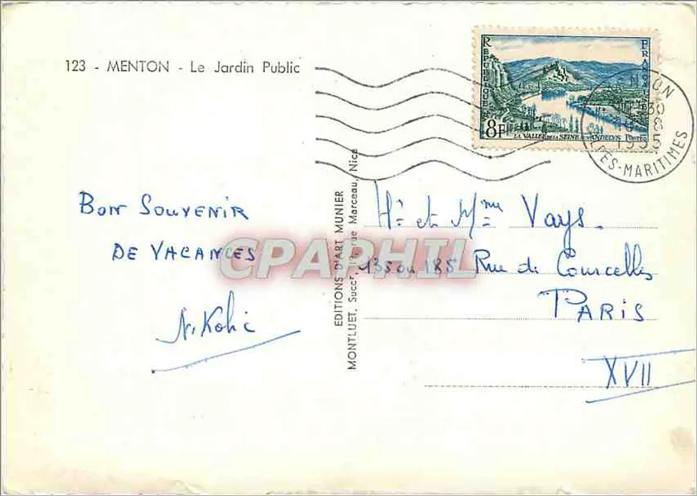 Menton - O Jardim Público — Edições d'Art Munier, n°123 - Verso