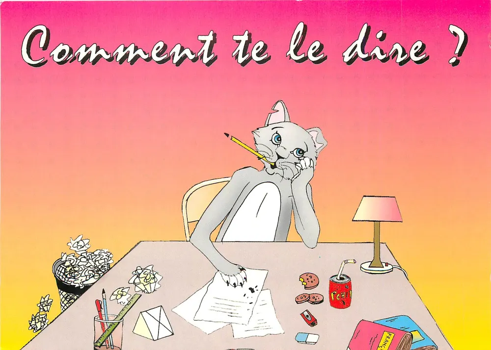 Gato pensativo diante de uma pilha de cartas — Como te dizer? — L'Image Cartetite, n° CH 029 - Frente