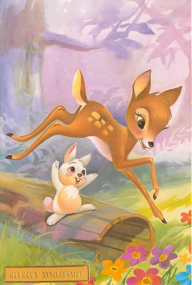 Bambi e um coelho — cena florestal — editor A. G. Cobas, S.A., impressa na Espanha - Frente