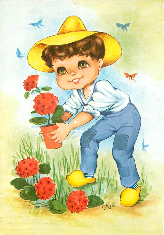 Criança jardineira — com flores vermelhas e borboletas — Flau - Frente