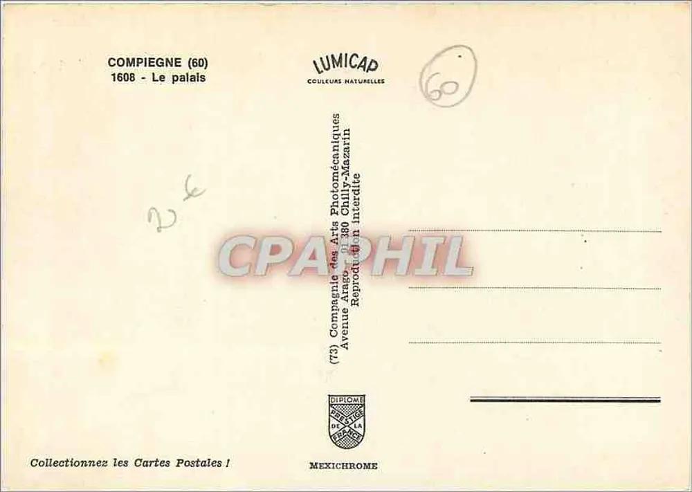Compiegne (60) - O palácio — 1608 — editor LUMICAP - Verso
