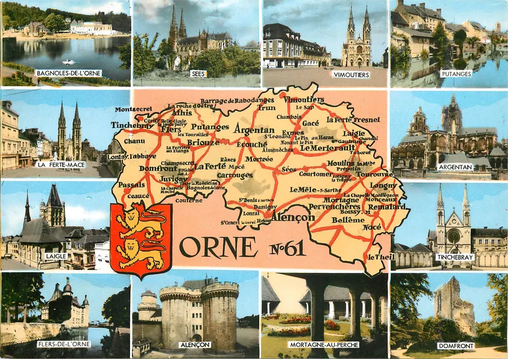 Orne — Carta postal panorâmica com mapa e vistas de locais — Edições Artaud & Gaby, Nantes, N°61 - Frente