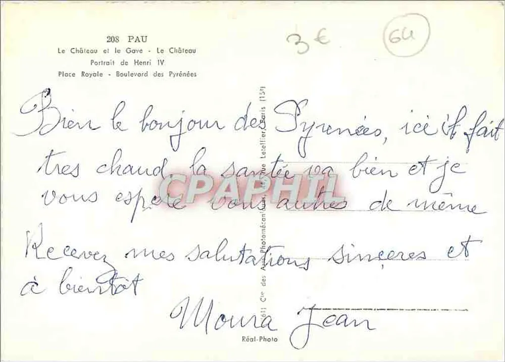 Pau — Schloss, Gave und Porträt von Henri IV — Real Photo - Rückseite