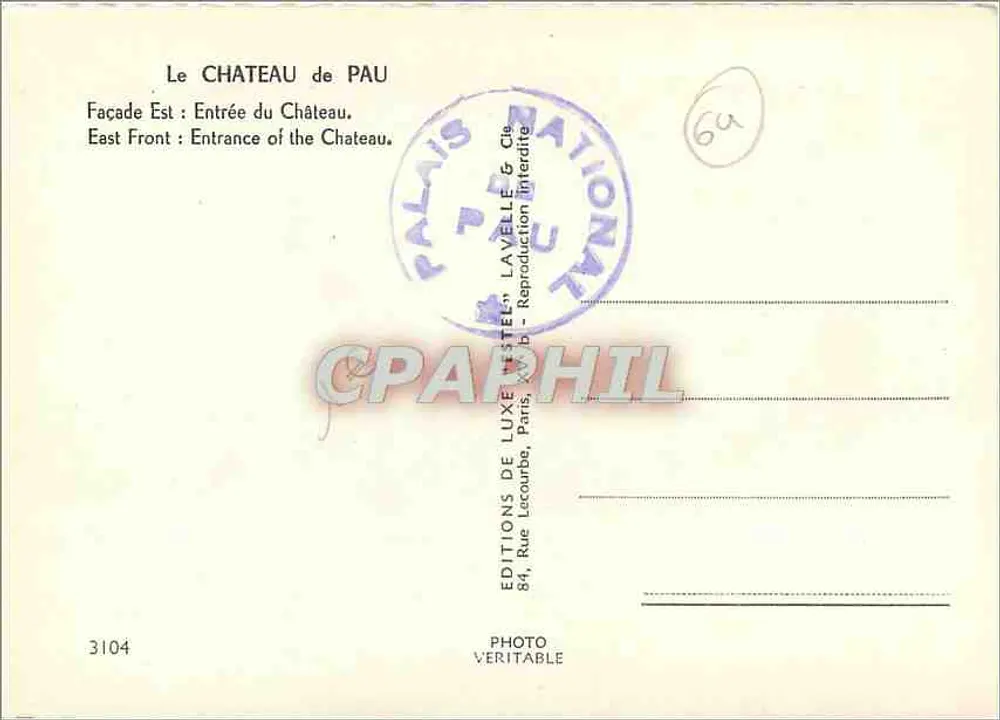 Castelo de Pau — Fachada Leste — Editor Estel, n°3104 - Verso
