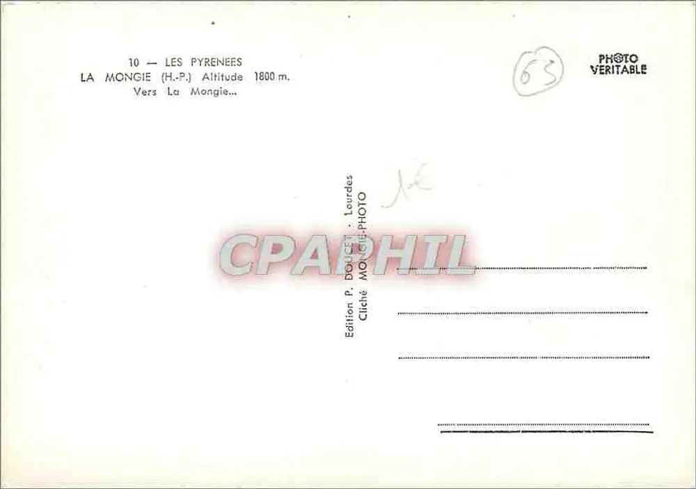 La Mongie — Altitude 1800 m — Edição P. Doucet - Toulouse - Verso