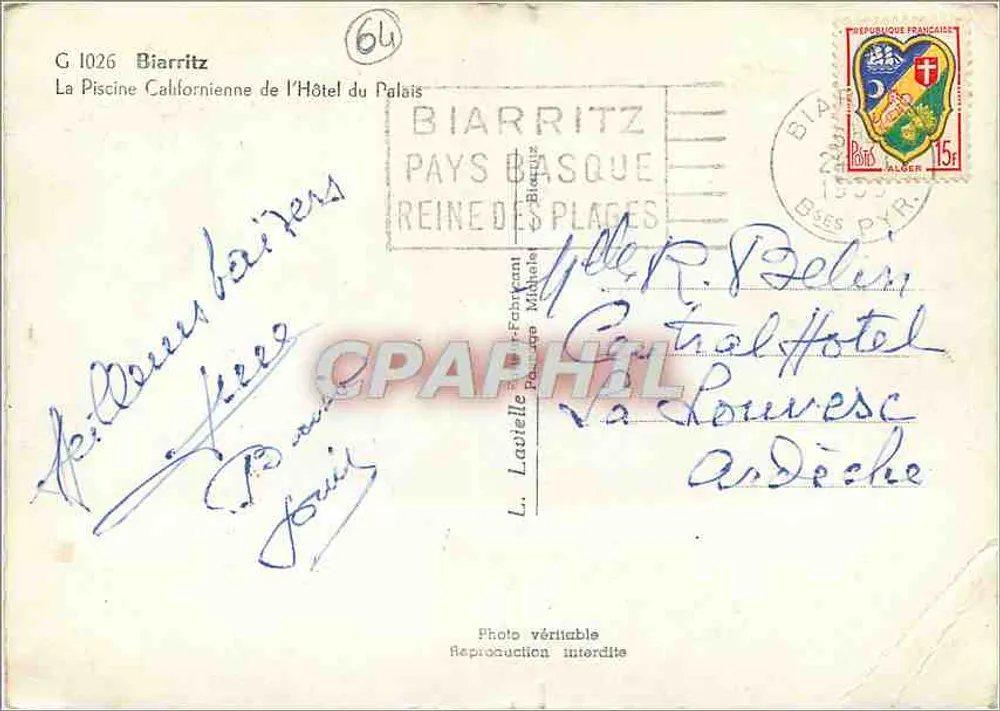 Die Piscine Californienne des Hotels du Palais — Biarritz — Éditeur L. Laviolle, n° G 1026 - Rückseite