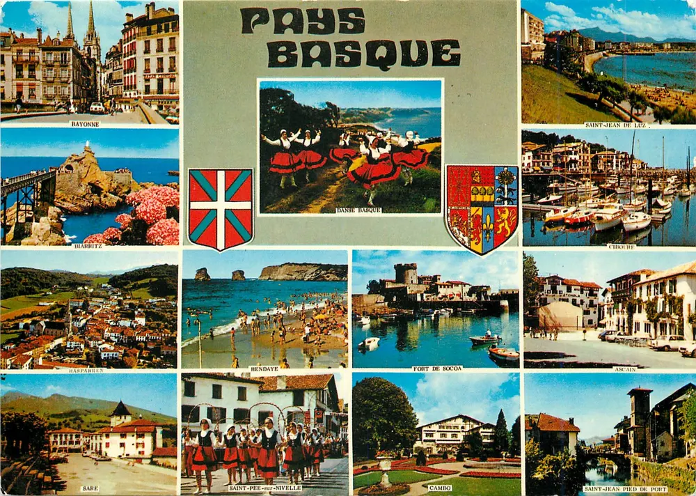 Pays Basque — collage de locais e dança basca — editor Arfaud de la Mecaille, Carquefou - Frente
