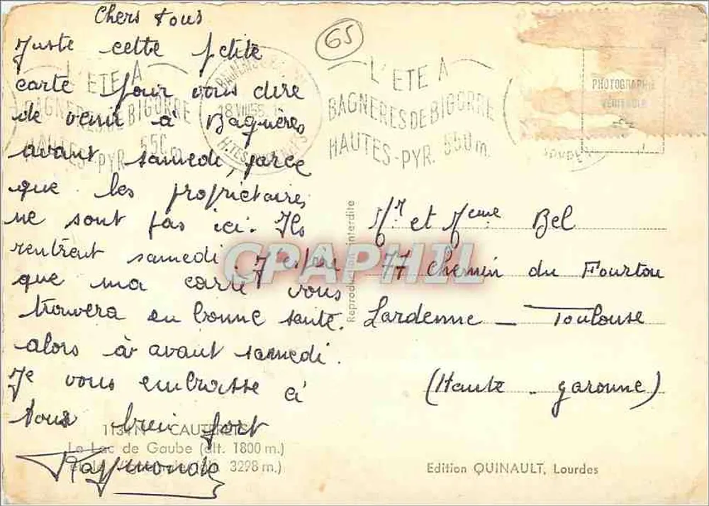 O Lago de Gaube — Altos-Pirineus — Édition QUINAULT, Lourdes - Verso