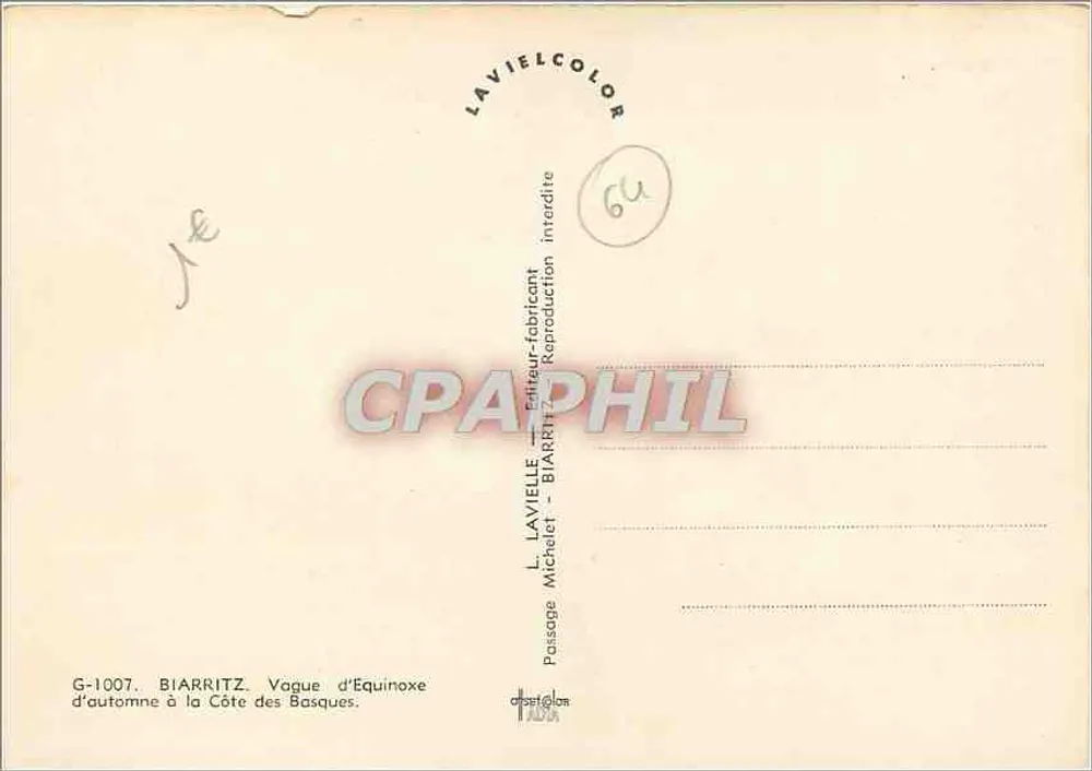 Biarritz — Vaga de equinócio — L. Lavieille, série G-1007 - Verso