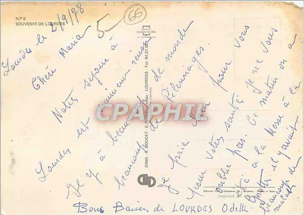 Lourdes — A Basílica, a Gruta, a Virgem — Editor Dino A. Doucet, N°6 - Verso