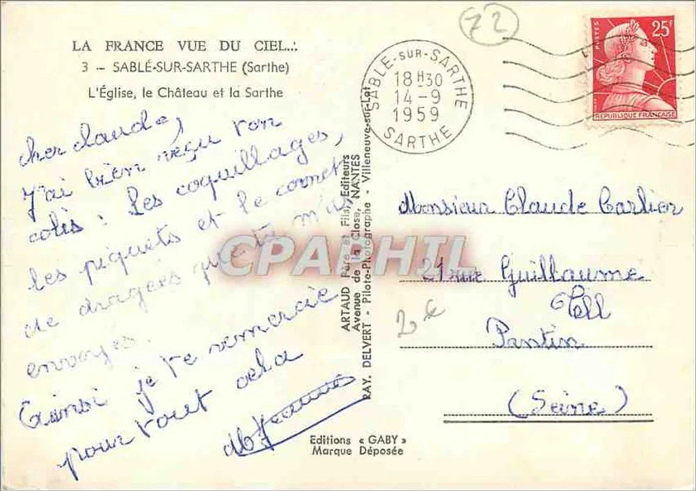 Sablé-sur-Sarthe — vue aérienne — Église, château et la Sarthe — Éditions Gaby - Verso