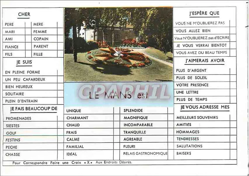 Jardim florido em Le Mans — cartão postal humorístico com texto impresso — Edições Artaud & Gaby, Nantes - Frente