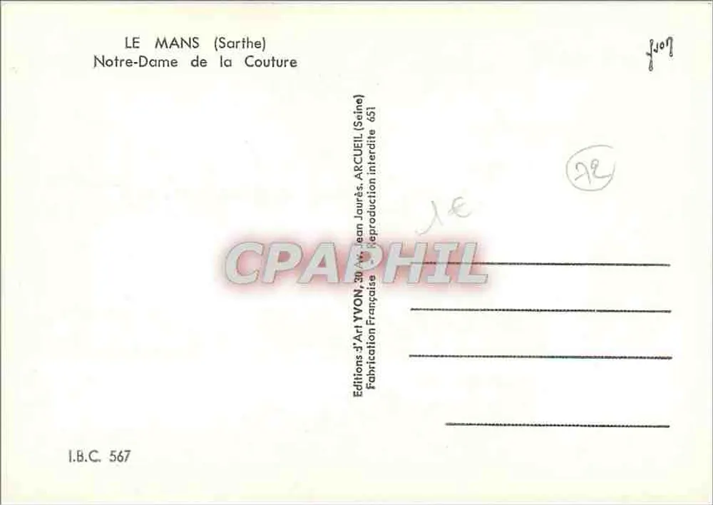 Le Mans (Sarthe) — Notre-Dame de la Couture — Edições de Arte YVON, 30 Avenida Jean Jaurès, Arcueil (Seine) 651 - Verso
