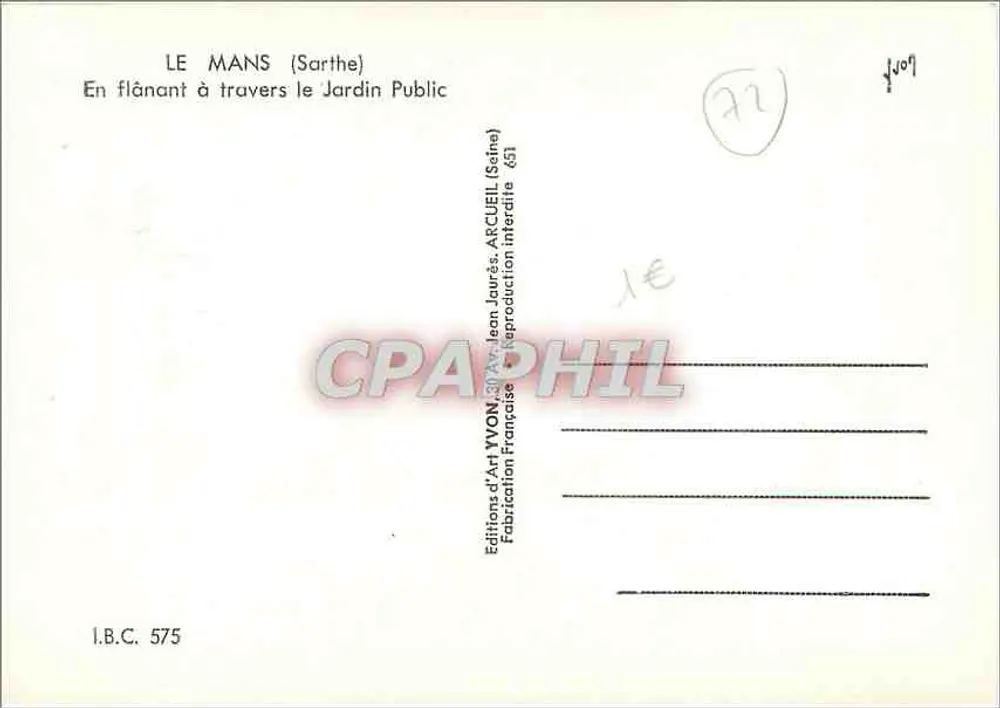 Le Mans (Sarthe) — En flânant à travers le Jardin Public — Éditions d'Art YVON, 30 Av. Jean Jaurès, Arcueil (Seine) - Verso