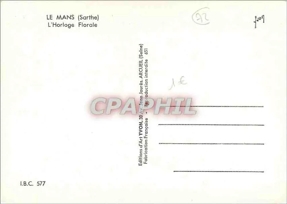 A Relógio Floral — Le Mans (Sarthe) — Éditions d'Art YVON, 30 Av. Jean Jaurès, Arcueil (Seine) - Verso