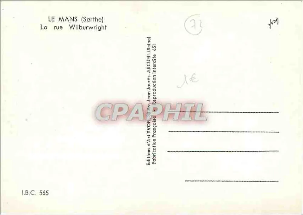 Le Mans (Sarthe) — A Rua Wilburwright — Edições de Arte YVON, 30 Av. Jean Jaurès, Arcueil (Seine) - Verso