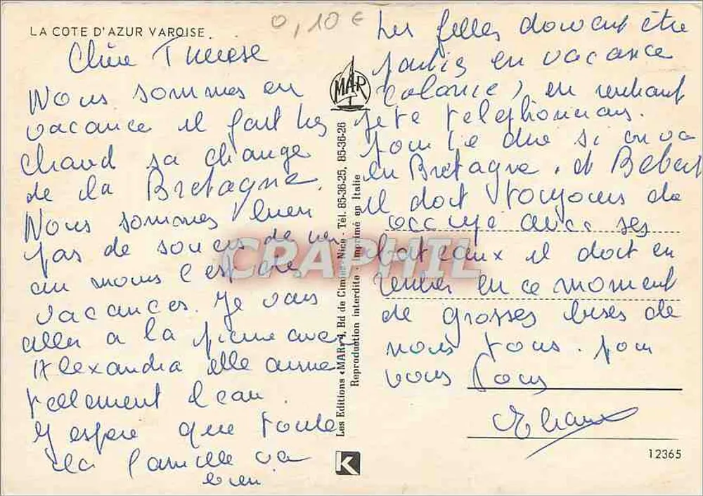 La Côte d'Azur — vue panoramique avec fleurs de mimosas et plages — éditeur MAR, n°12365 - Verso