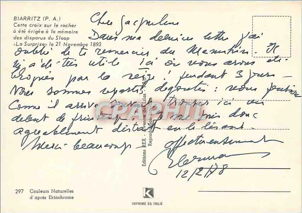 Biarritz (P.A.) — Cruz sobre o rochedo comemorando os desaparecidos do « La Surprise » — Éditions REX - Verso