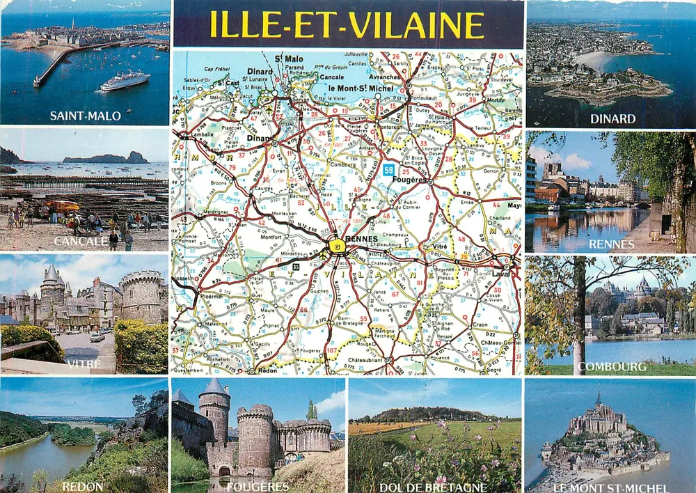 Ille-et-Vilaine — Touristische Karte mit Ansichten von Saint-Malo, Dinard, Rennes, Mont-Saint-Michel und anderen Sehenswürdigkeiten — Éditions d'Art Jack, Louvain-la-Neuve - Vorderseite