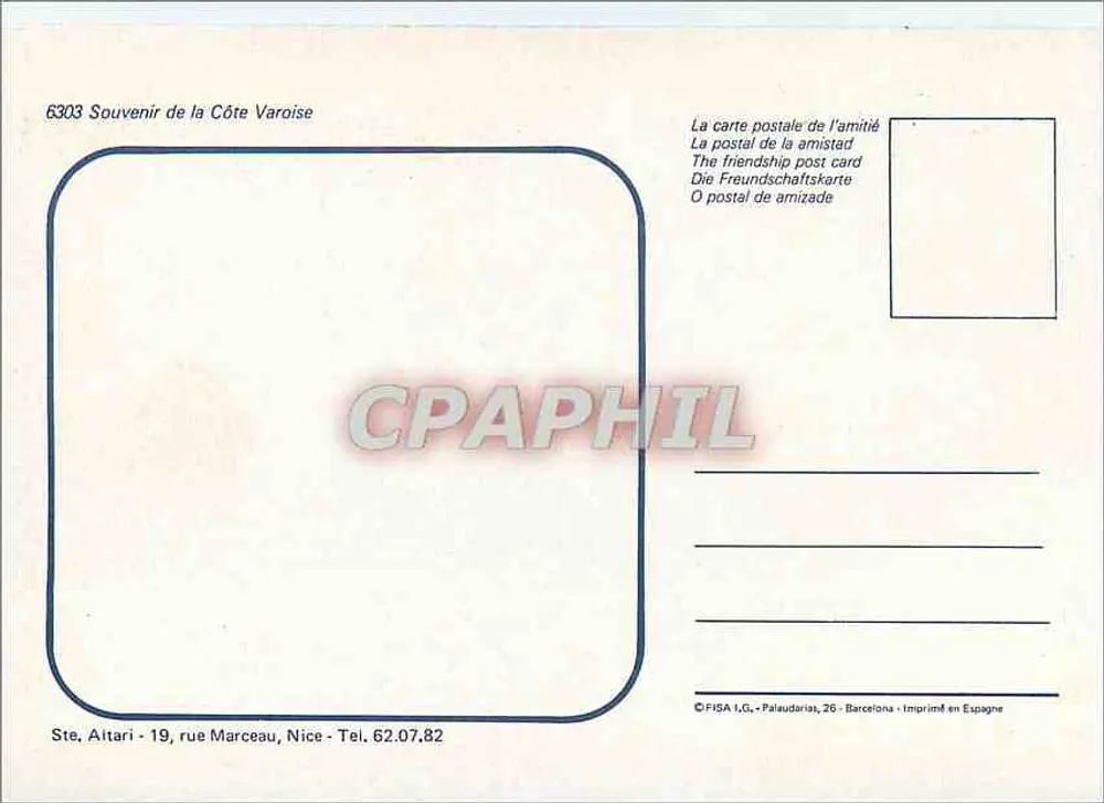 Lembrança da CÔTE VAROISE — St. TROPEZ, Ste. MAXIME, St. AYGULE, FREJUS-PLAGE, St. RAPHAEL — FISA I.G., Nice - Verso