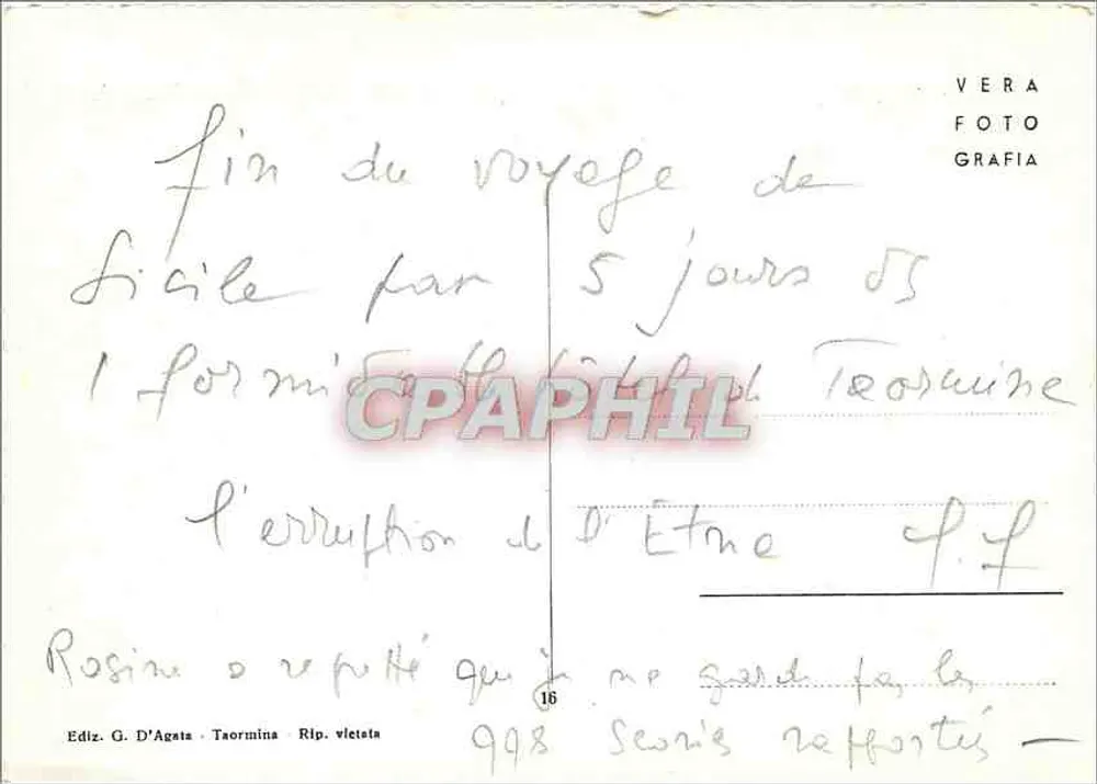 Taormina — El Etna visto desde el jardín del conde Marzotto — Editor G. D'Agata - Reverso