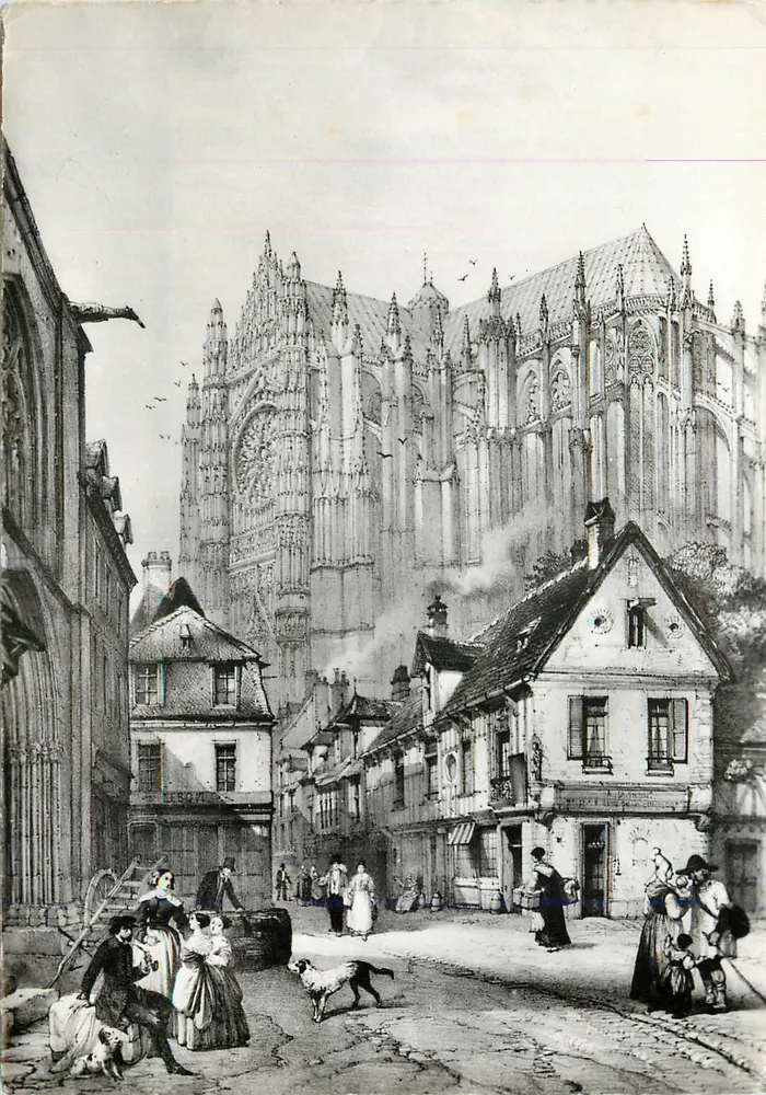 Beauvais — La rue St Pierre et la place St Barthélémy vers le XIXe siècle — Photo R. GATÈS, Beauvais - Recto