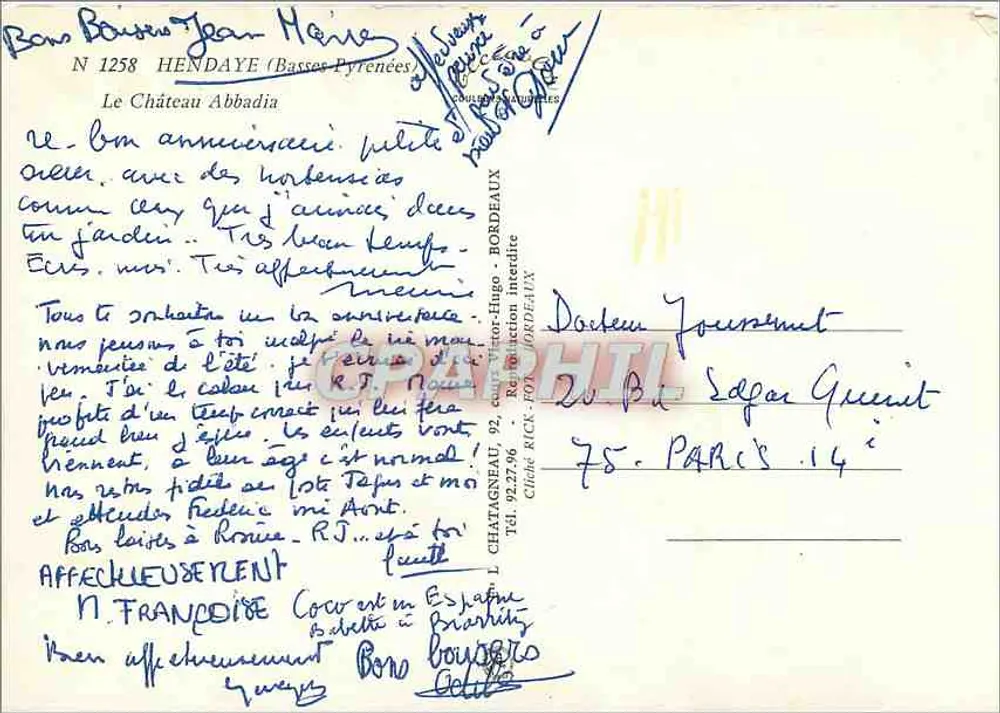 Castelo Abbadia — Hendaye (Basses-Pyrénées) — Editor L. Chatagneau, N° 1258 - Verso