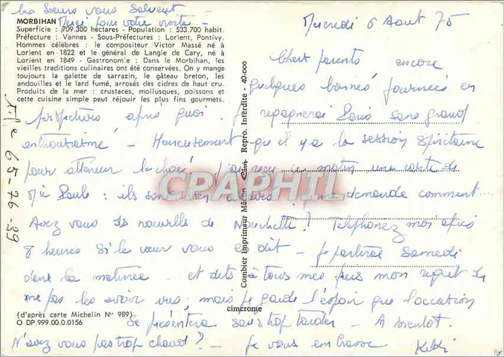 Morbihan — Carta turística com fotos de locais emblemáticos — Editor Michelin, N° 989 - Verso