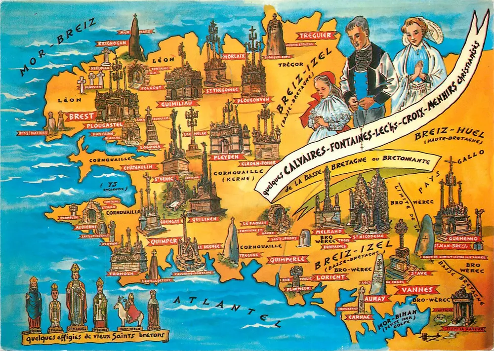 Illustrierte Ansichtskarte von der Bretagne — einige Effigien alter bretonischer Heiliger und Calvaires — Verlag Les Éditions du Gabier - Vorderseite