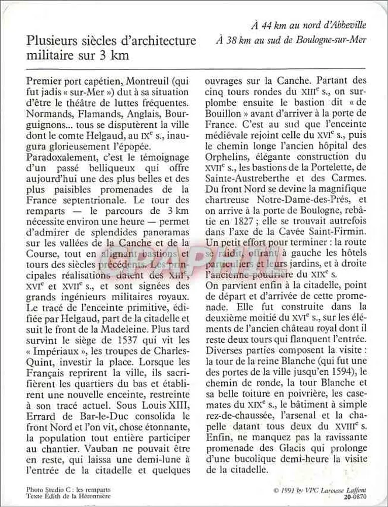 Montreuil — Die Zitadelle und die Mauern — Verlag VPC Larousse Laffont n°20-0870 - Rückseite