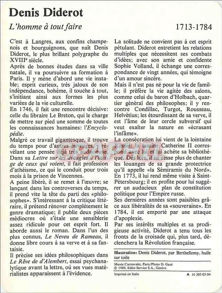 Denis Diderot — 1713-1784 — Künste, illustrierte Serie - Rückseite