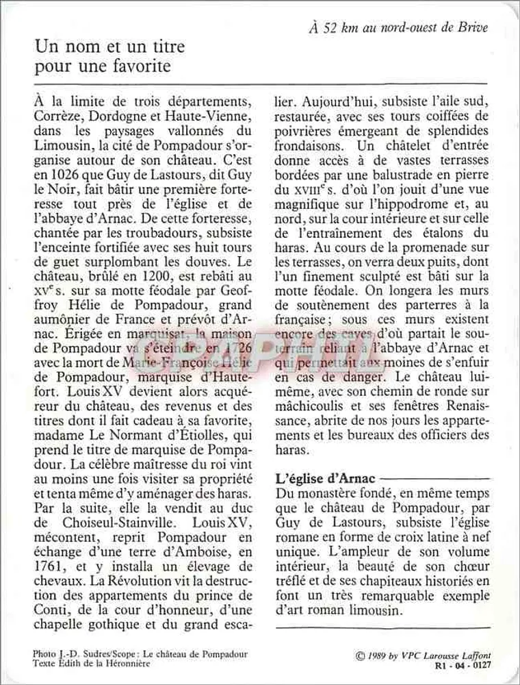 ARNAC-POMPADOUR — O castelo de Pompadour — VPC Larousse Laffont n° R1-04-0127 - Verso