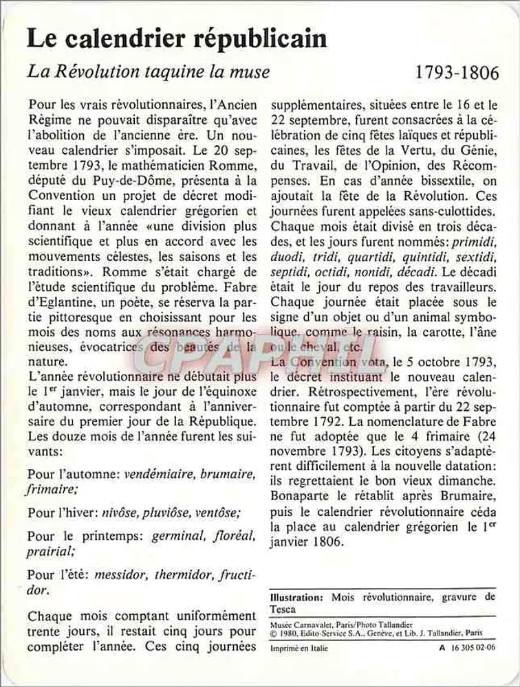 Le calendrier républicain — 1793-1806 — Illustration : Mois révolutionnaire, gravure de Tesca - Verso