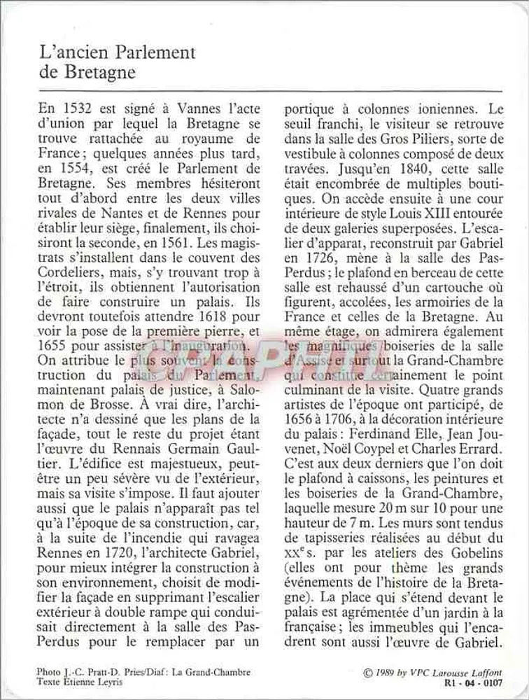 Rennes — O palácio de justiça — VPC Larousse Laffont n°0107 - Verso