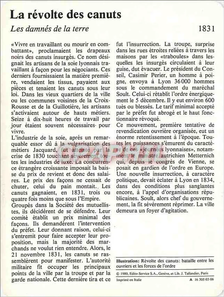 La révolte des canuts — 1831 — Vie Quotidienne - Verso